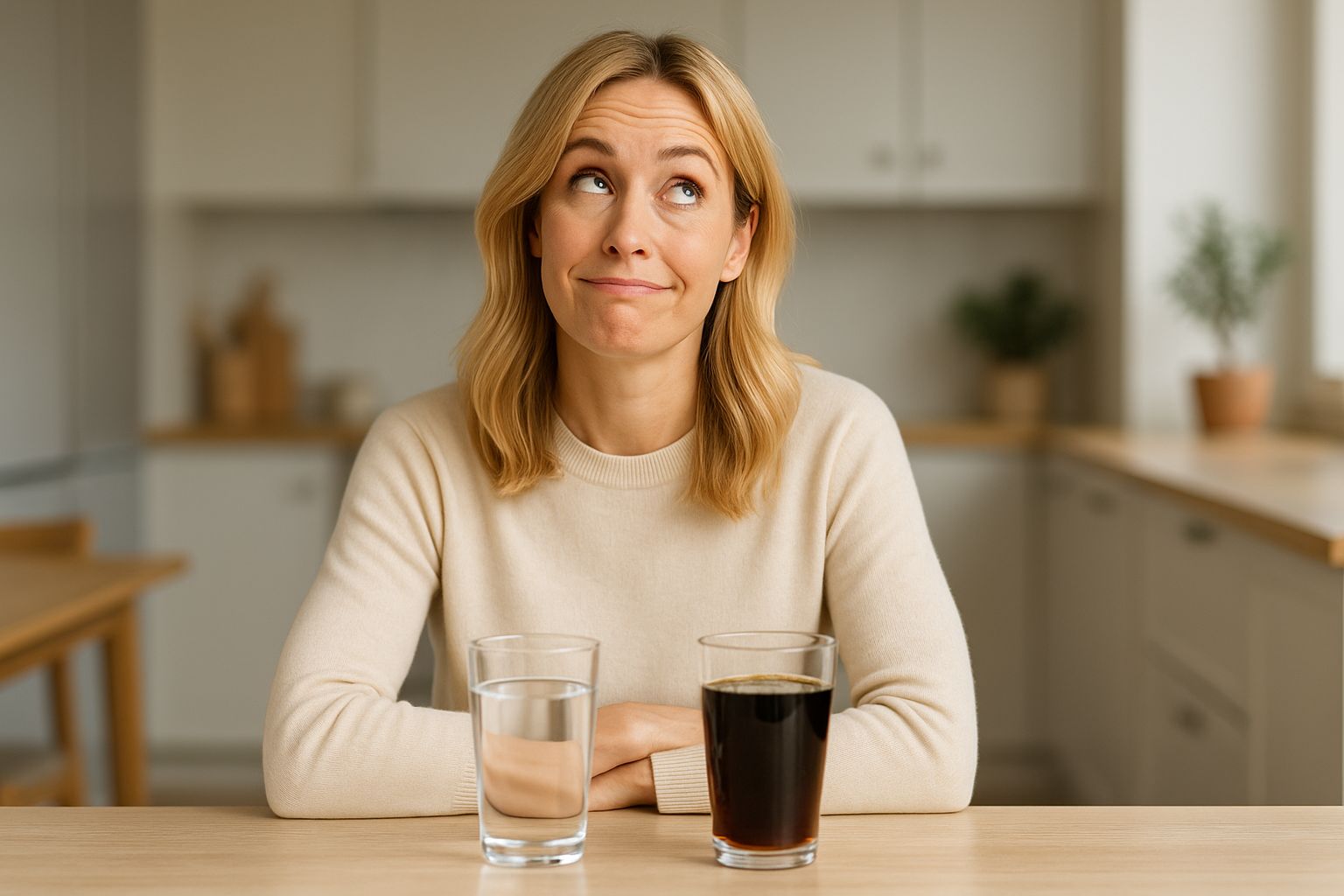 Frau mit Wasser und Cola – Symbolbild für gut Entschiedungen bei der Ernährung