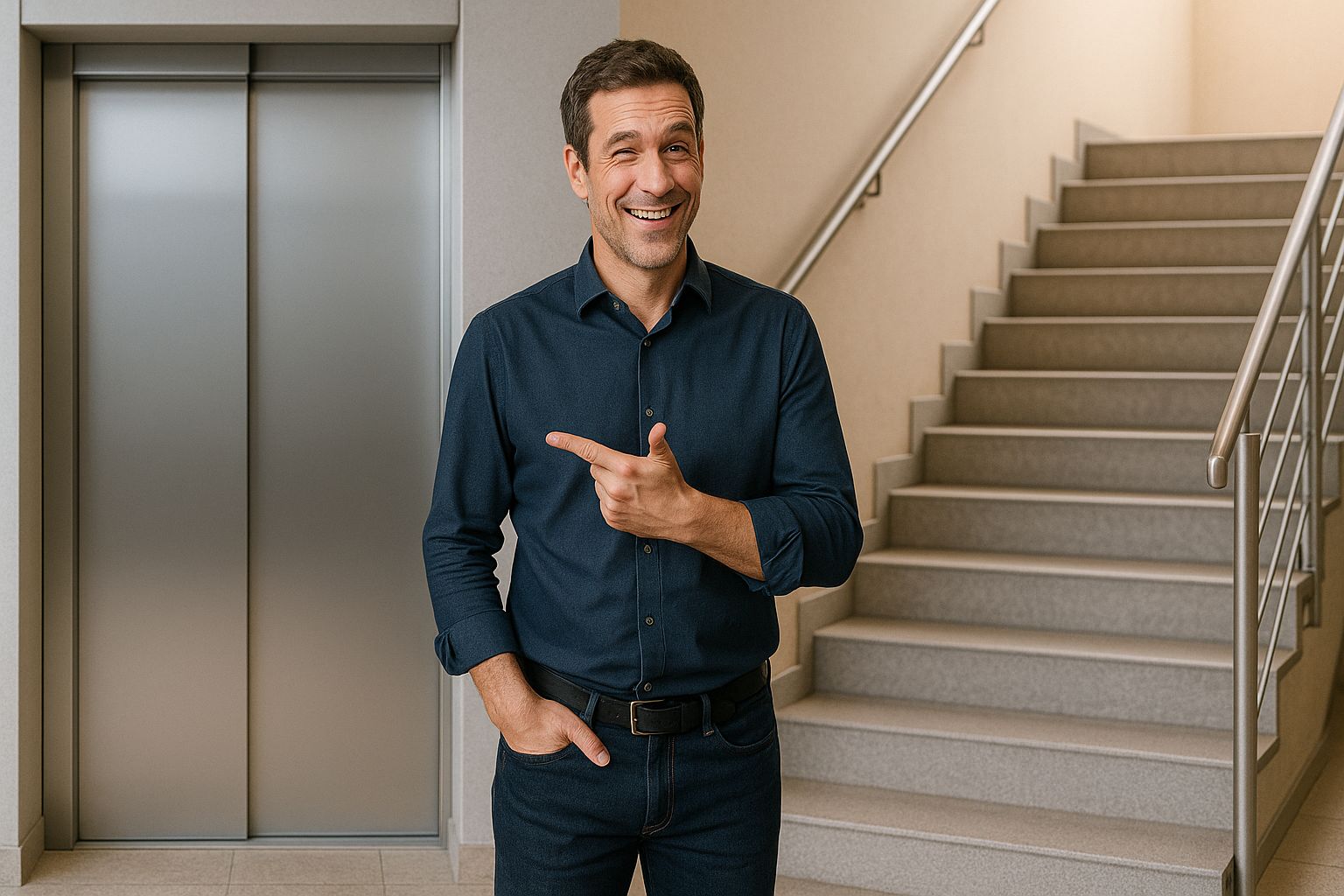 Mann zwischen Treppe und Fahrstuhl – Symbolbild für Training im Alltag