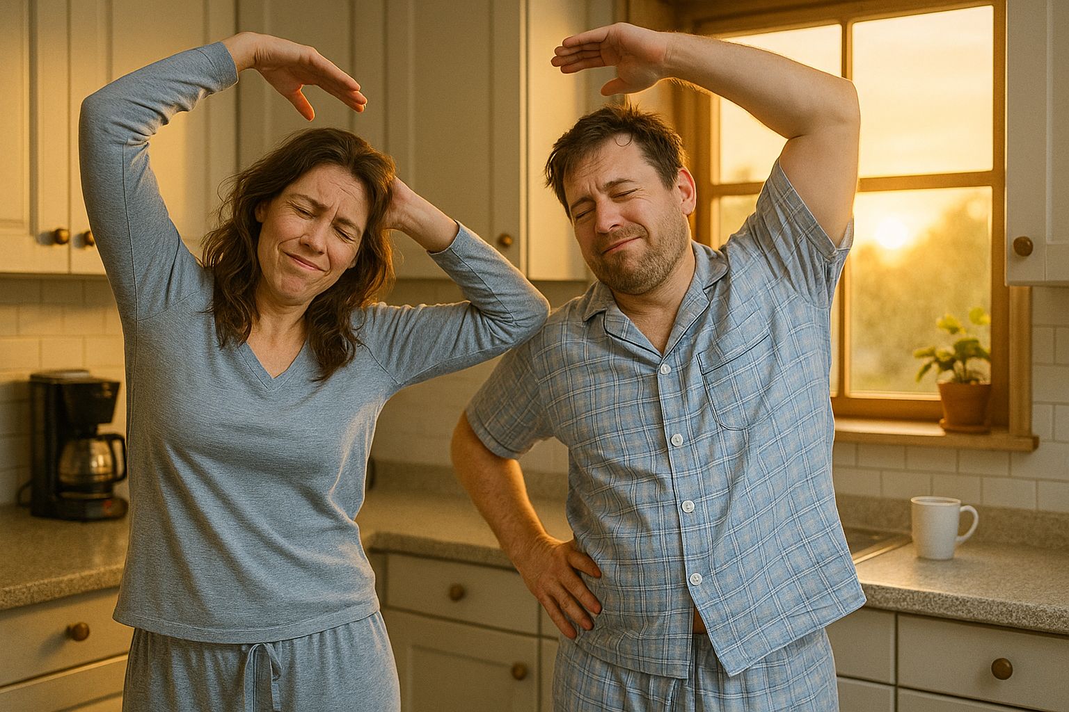 Mann und Frau dehnen sich morgens in der Küche