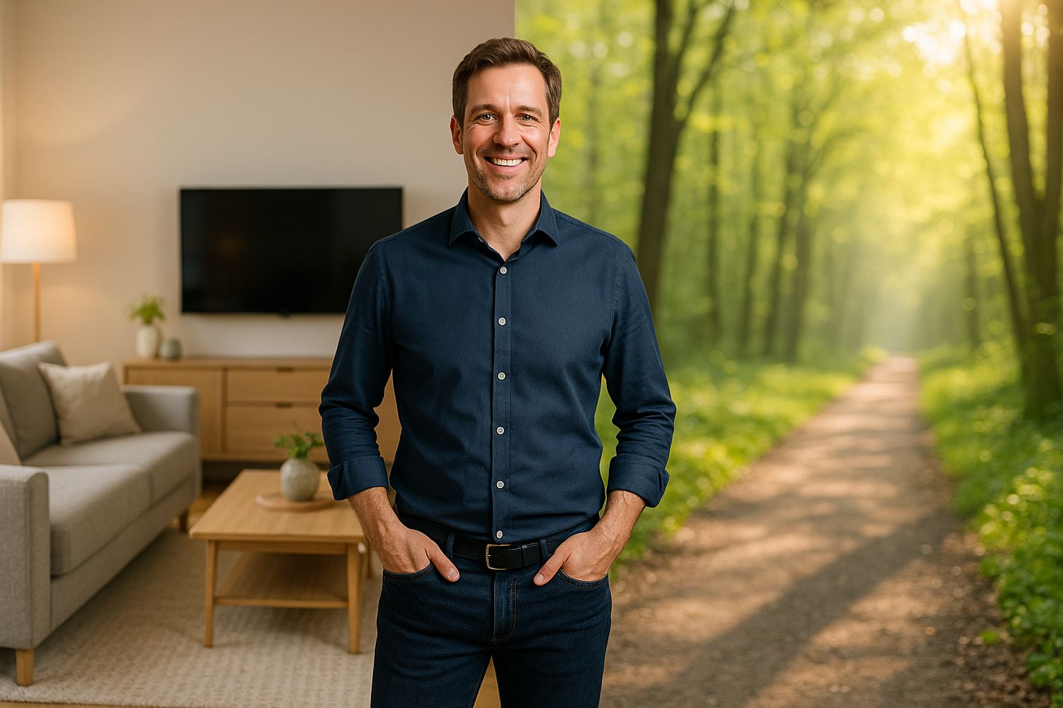 Mann zwischen Sofa und Waldweg